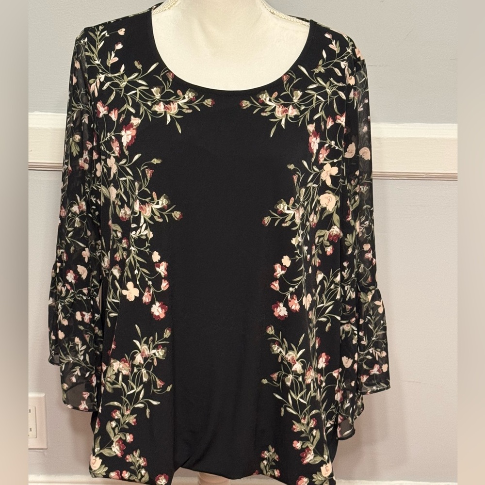 Alfani Black Floral Pink Flowy Feminine Long Bohemian Long Sleeve Blouse - Picture 2 of 7